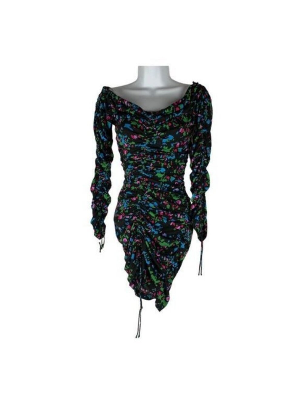Zara Womens Ruched Long Sleeve Floral Mini Dress XS Black Multicolor Stretch